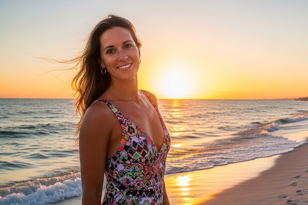 woman beach sunset