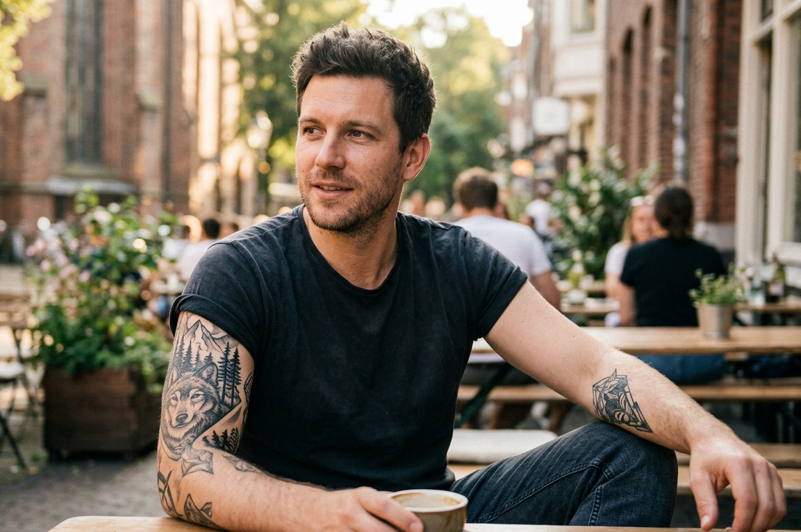tattooed man at a cafe
